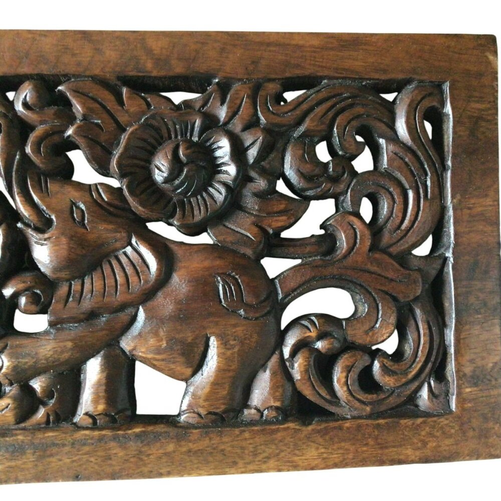 Vintage Ornate Hand Carved Wooden Elephant Floral Wall Panel Made in Thailand